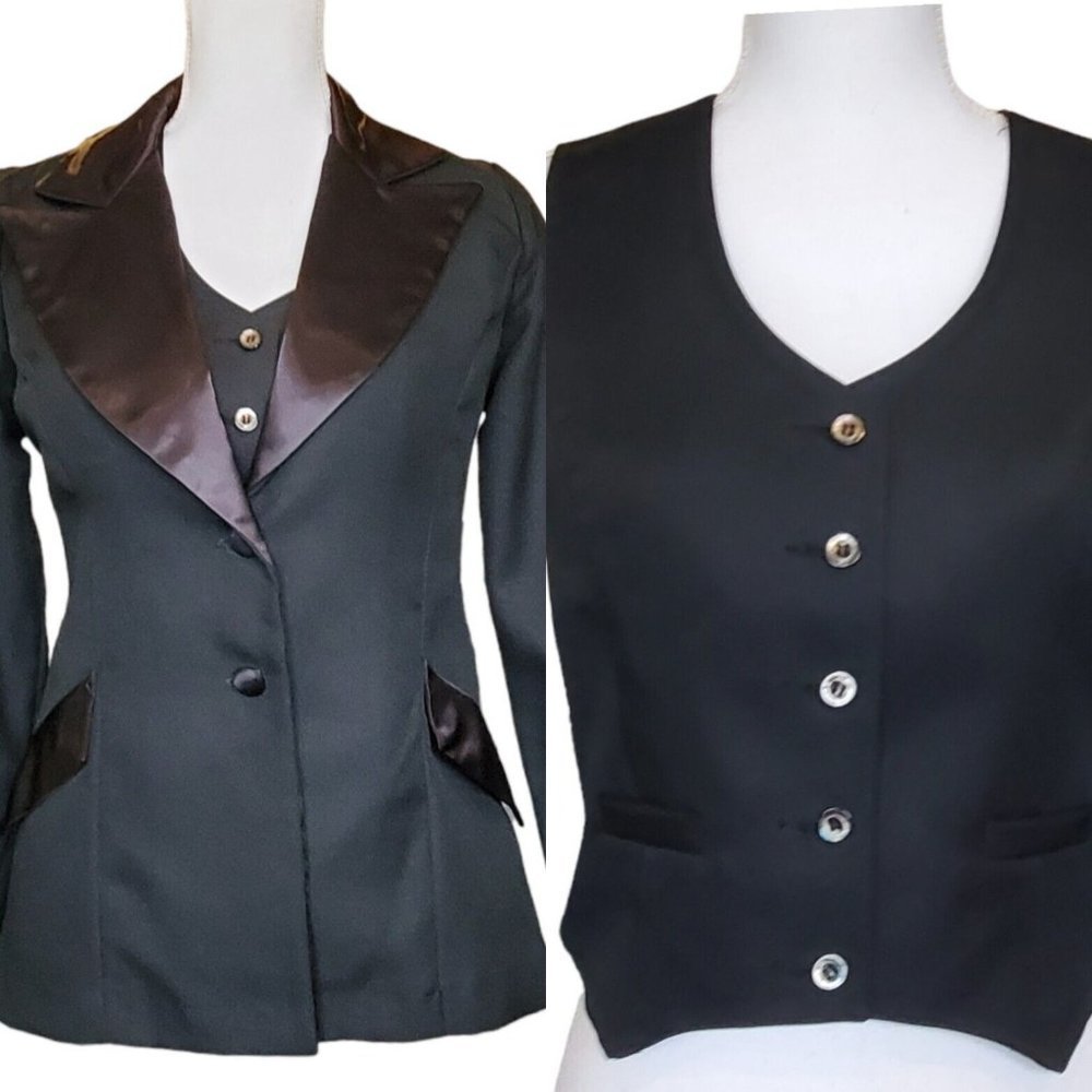 Vintage Womens Small Black Tuxedo Jacket Suit Vest Set Androgynous Satin Collar
